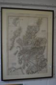Pinkerton, a large part hand coloured map of Scotland, framed and glazed.