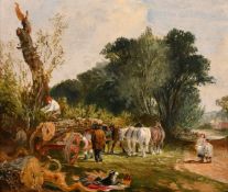 Circle of Herring, figures around a logging cart, oil on board, 5.5