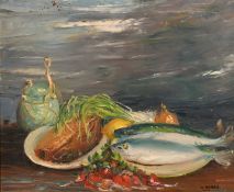 Montagu Marks (1890-1972), a still life of fish and vegetables, oil on canvas, 20