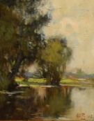 Circa 1905, a pair of landscape scenes, morning and dusk, oil on board, signed with initials O.E.P.,