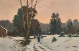 H. E. Lewis (20th Century), 'Snow in Sussex', oil on board, signed with initials, label verso, 17