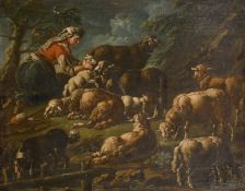 Circle of Philipp Peter Roos, a shepherdess caring for her flock, oil on canvas, 25