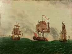 English Na ve School, a Royal Navy man-of-war opening fire in a naval battle, oil on panel, 20.5