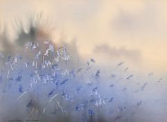 Godfrey Sayers, a landscape view with bluebells in the foreground, watercolour, signed, 14