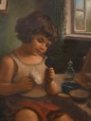 Morton, Early 20th Century, a young girl with a powder puff at a dressing table, oil on board, 20