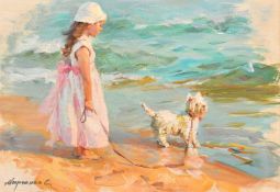Sergey Marchenko (b. 1977), a young girl and her dog on a beach, oil on canvas, signed, inscribed