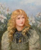 Late 19th Century English School, a half length portrait of young lady amongst flowers, oil on
