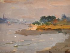 Yakov Guslistyi, (1914-1972), Evening on a river, signed and dated 50, oil on board, 8.75