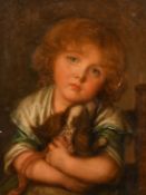 Manner of J. B. Greuze, a child holding a puppy, oil on canvas, 16.25