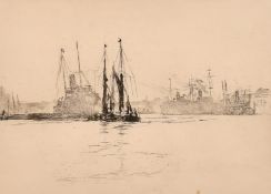 Sidney McKenzie Litten, shipping on a broad river, etching, signed in pencil, plate size 5