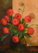 Circle of Emily Beatrice Bland, red flowers in a pot, oil on board, 15.5