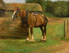 Circle of Lucy Kemp-Welch, horse in a farm yard, oil on canvas, 14