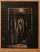 L. Davies after James Pryde, a heavily draped interior with an artist and two models, wood