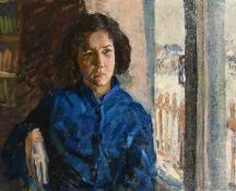20th Century Russian School, portrait study of a young lady by a window, oil on canvas, 23.5