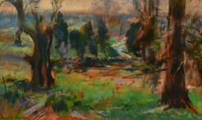 Ronald Morton (b. 1918), a tree lined landscape, oil on board, signed, 14