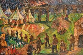 Derek Higginson (1930-2020), figures approaching a circus, oil on canvas, signed, 24
