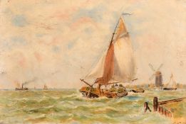 Dutch School, Circa 1900, A leeboard barge with windmills beyond, oil on panel, indistinctly signed,