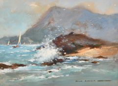 Frank Duffield (b. 1901), yachts rounding a rocky headland, gouache, signed, 9.5