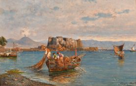 Giuseppe Carelli (1858-1921) Italian, fishermen sorting their nets with the Castel dell'Ovo