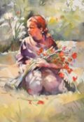 Trevor Waugh (20th Century), 'Girl in Cornfield', watercolour, signed and dated 96, 12
