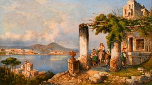 Consalvo Carelli (1818-1900) Italian, figures gathered amongst classical buildings overlooking a