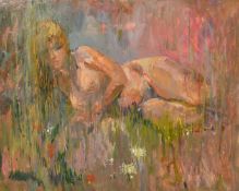 Frank Dobson (1888-1963), 'In the Fields', a female nude amongst foliage, oil on board, 20