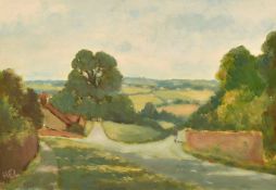 H. E. Lewis (20th Century), figure walking on a country road, oil on board, signed with initials,