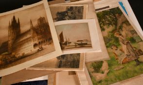 A folder of 19th Century unframed prints and engravings, including Alphege Brewer and others, (q).