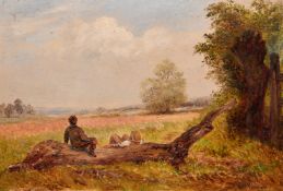 Walter Vernon (Late 19th Century), figures resting on a log, oil on board, signed, 6