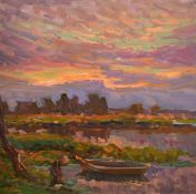 Yuliya Piven (b. 1966), river landscape at dusk, oil on canvas laid down, signed, 15.75