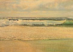 W. Dexter, Circa 1930, a view of waves breaking along a shore, oil on canvas, 14
