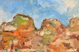 Pasquale Carenza, Circa 1970, a stylized mountain landscape, oil on board, signed, 20
