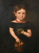 19th Century English School, a portrait of a girl holding a basket of flowers, oil on canvas, 26