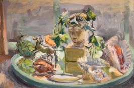 Phyllis Bray (1911-1991), a still life study featuring a classical bust and seashells, oil on