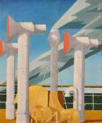 Mid-20th Century English School, a stylized view of a ship's funnels, oil on canvas, 24