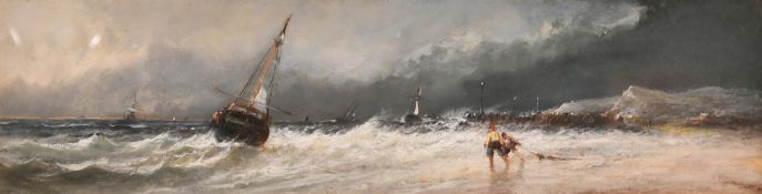 Attributed to William Durrant Ready (1823-1873), figures hauling nets on a beach with boats on rough