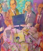 Andrei Bludov (b. 1962), smoking figures working in a caf, oil on canvas, signed, signed and