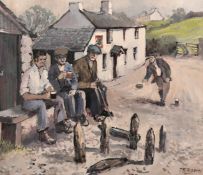 Tom Brown, 20th Century Salford Artist, men playing skittles outside a country pub, oil on canvas,