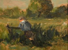 Attributed to Henry George Moon (1857-1905), figure leaning on a gate, oil on board, 6