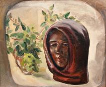 Ellerton, 20th Century, a still life study of a bust and plant, oil on canvas, signed, 20