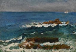 20th Century Continental School, seascape study with waves crashing over rocks, oil on canvas, 10.5