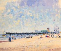 Geoffrey Chatten (b. 1938), figures by a pier on Great Yarmouth Beach, oil on board, signed, 20