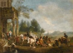 Attributed to Henry Andrews (1794-1868), A Hunting Party Returning to a Mansion, oil on panel, 13