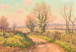 Mervyn Goode, 'March Sunlight, Rooks and Primroses', oil on canvas, signed, 14