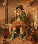 Circle of Spencelayh, and elderly gentleman threading a needle, oil on canvas, 9.75