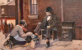 Tom Brown, 20th Century Salford Artist, a shoe shiner on a town street, oil on canvas, signed, 20