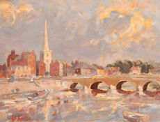 J. R. Reeve, River Bridge by a town with church spire, oil on board, signed, 16