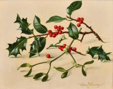 Albert Williams, a still life study of a sprig of holly and mistletoe, oil on board, 7.5
