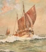 W. Reinhold, barges under sail in heavy seas, watercolour, signed and dated 48, 8.25