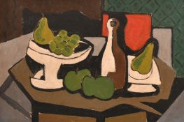 20th Century, a still life study of fruit and other objects, oil on canvas, 13.5